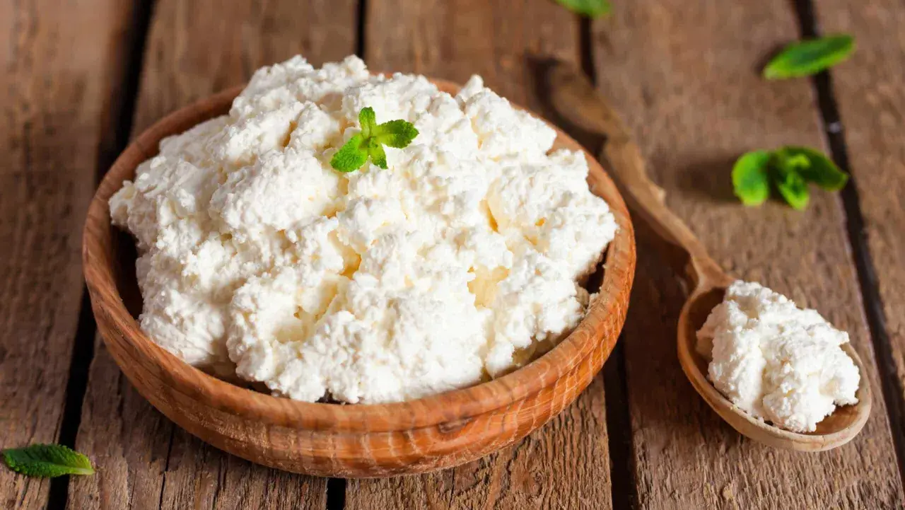 Ricotta fresca in ciotola di legno, guarnita con menta. Attenzione, il fior di latte fa ingrassare se consumato in eccesso!