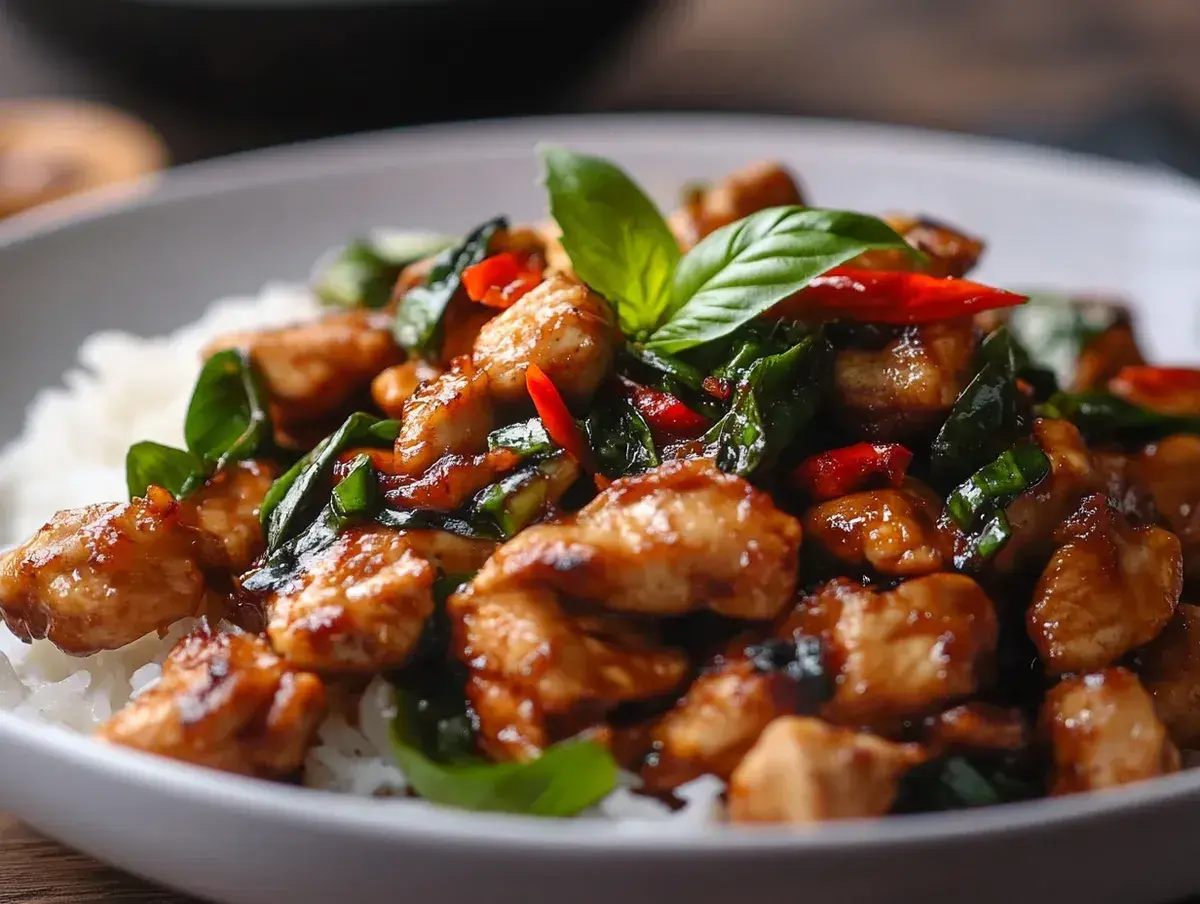 Kyckling med ris och färsk thai basil. En smakrik rätt med chili och örter.