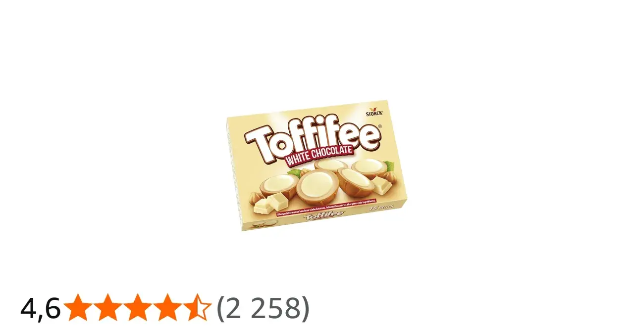 Pudełko Toffifee White Chocolate z widocznymi czekoladkami i orzechami.