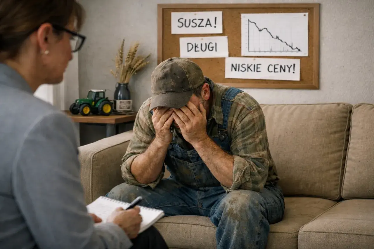 Rolnik w rozpaczy, zmagający się z suszą, długami i niskimi cenami, szuka wsparcia dla swojego zdrowia psychicznego.