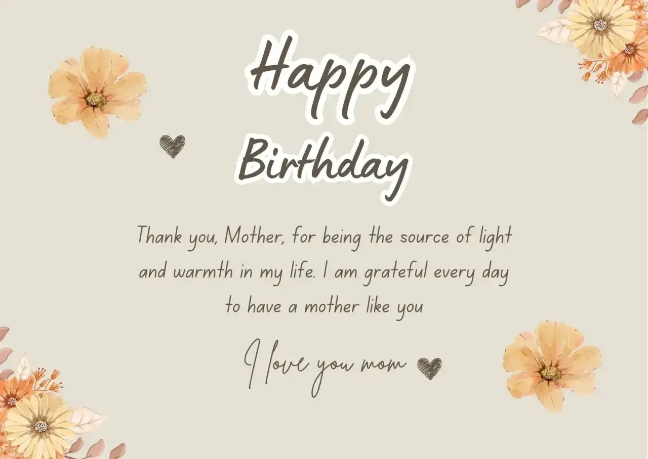 Urocza pocztówka po angielsku z napisem "Happy Birthday" i życzeniami dla mamy.