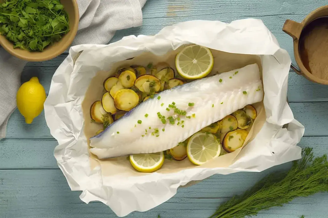 Ombrina al forno con patate e limone, un piatto leggero e gustoso.