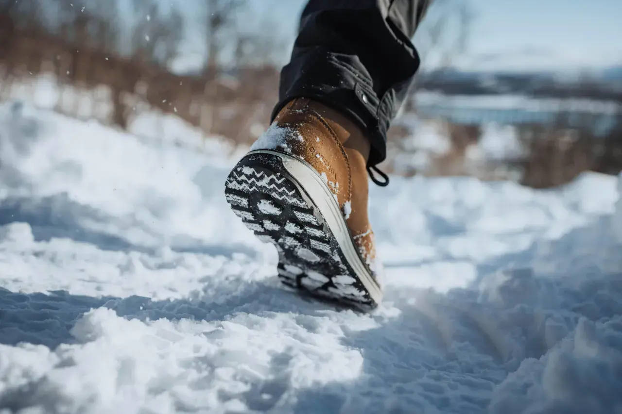 Une chaussure pour marcher dans la neige, avec une semelle crantée pour une bonne adhérence. Le pied avance dans la poudreuse.