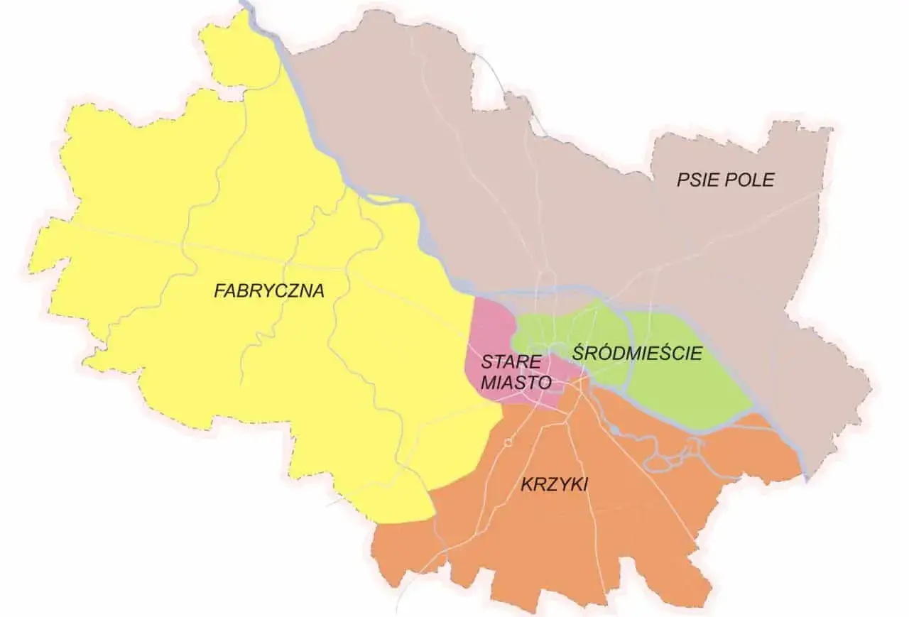 Mapa przedstawiająca dzielnice Łodzi: Fabryczna, Stare Miasto, Śródmieście, Krzyki i Psie Pole.
