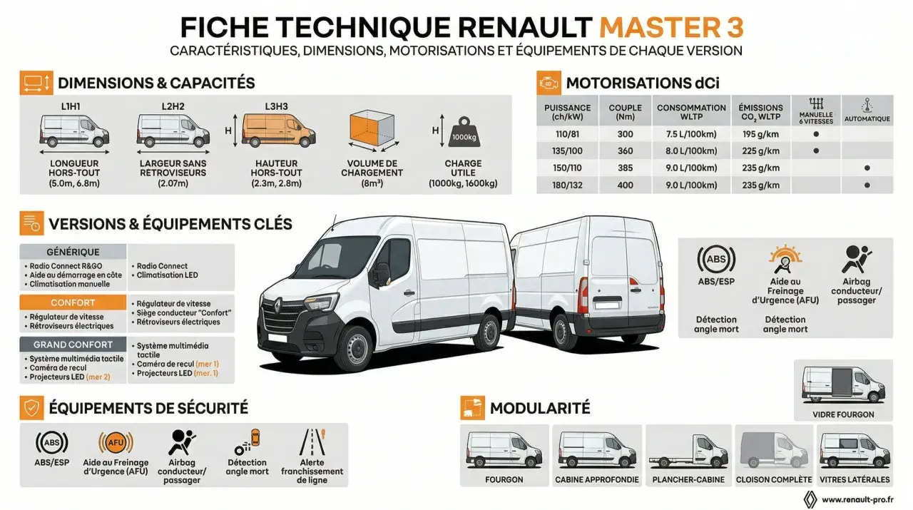 Fiche technique Renault Master 3 : consommation carburant, combien de litre par 100km pour chaque motorisation dCi.