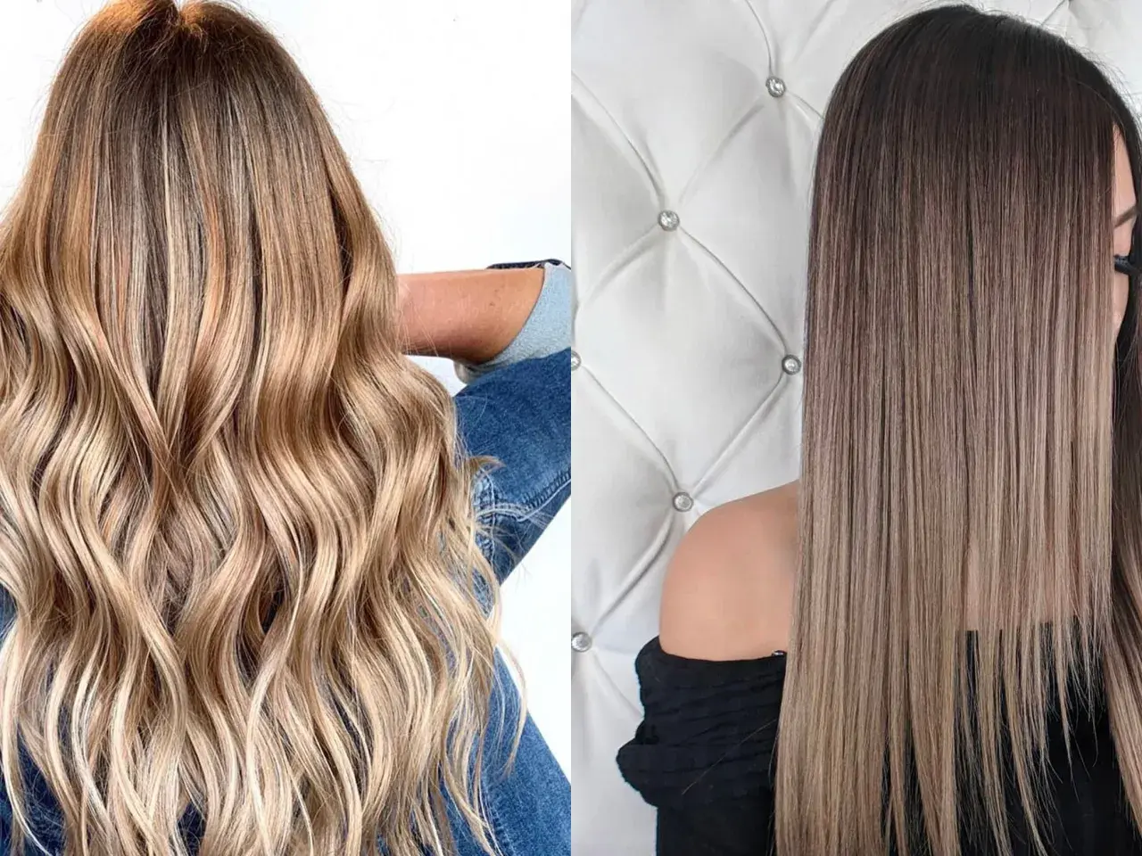 Dos estilos de cabello con mechas ombre: rubio ondulado y castaño liso.