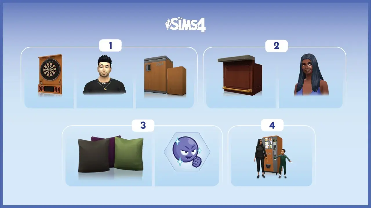 Grafika z The Sims 4 pokazuje przedmioty, które można odblokować: rzutki, bar, poduszki i automat.