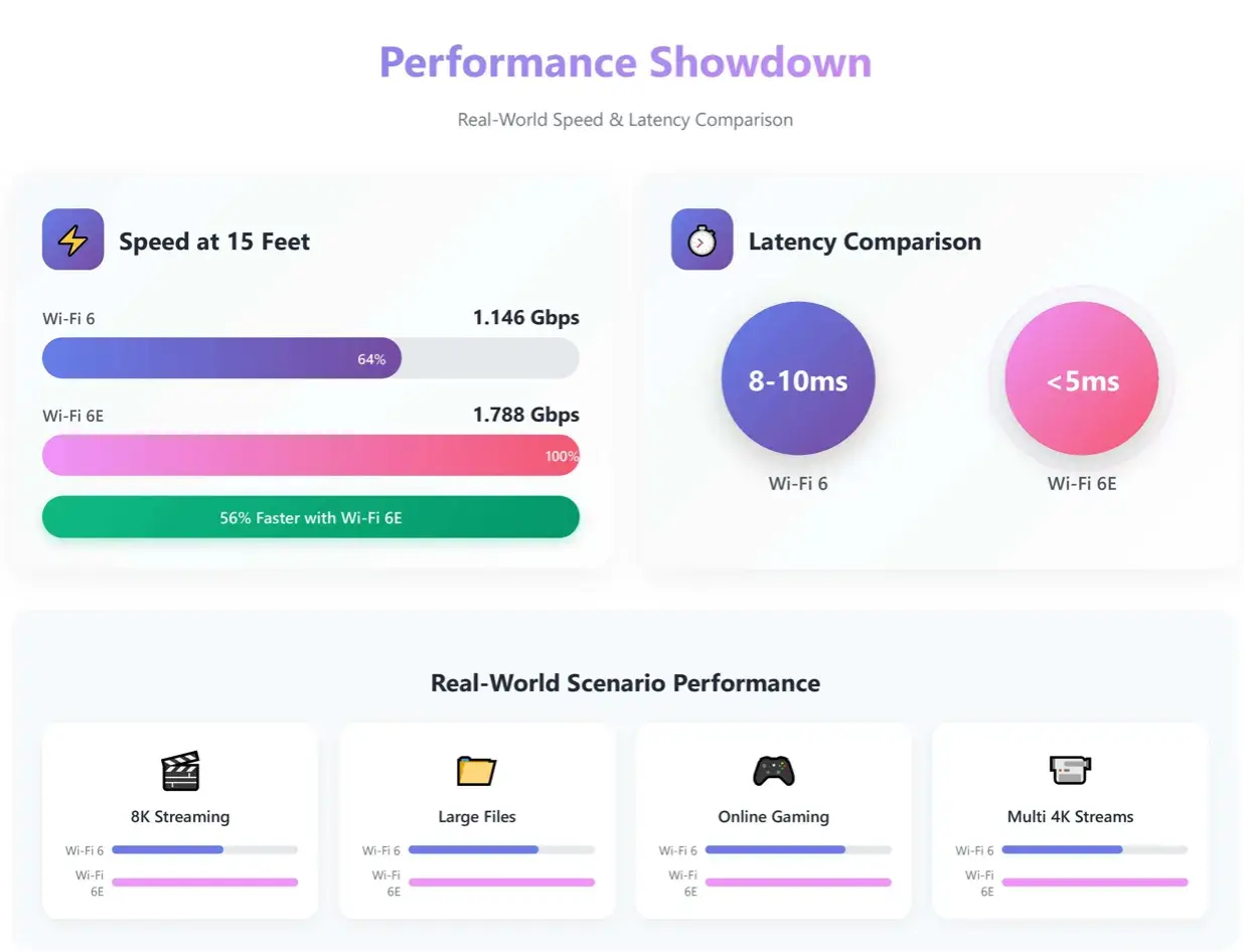 Comparaison des performances Wi-Fi 6 et Wi-Fi 6E : le Wi-Fi 6E offre un débit max supérieur et une latence plus faible.