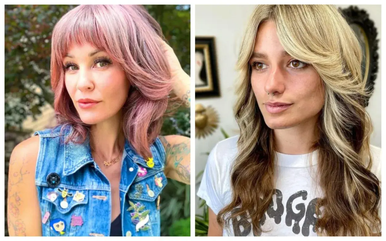 Dwie kobiety z modnymi fryzurami shag cut: jedna z różowymi włosami i grzywką, druga z blond pasemkami.
