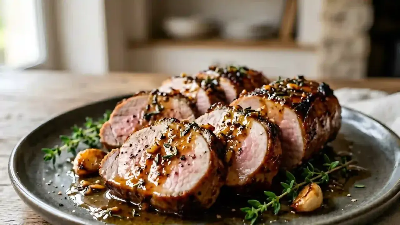 Filet mignon tranché, nappé d'une sauce au miel et aux herbes, servi sur une assiette avec du thym et de l'ail. Une belle recette filet mignon miel.