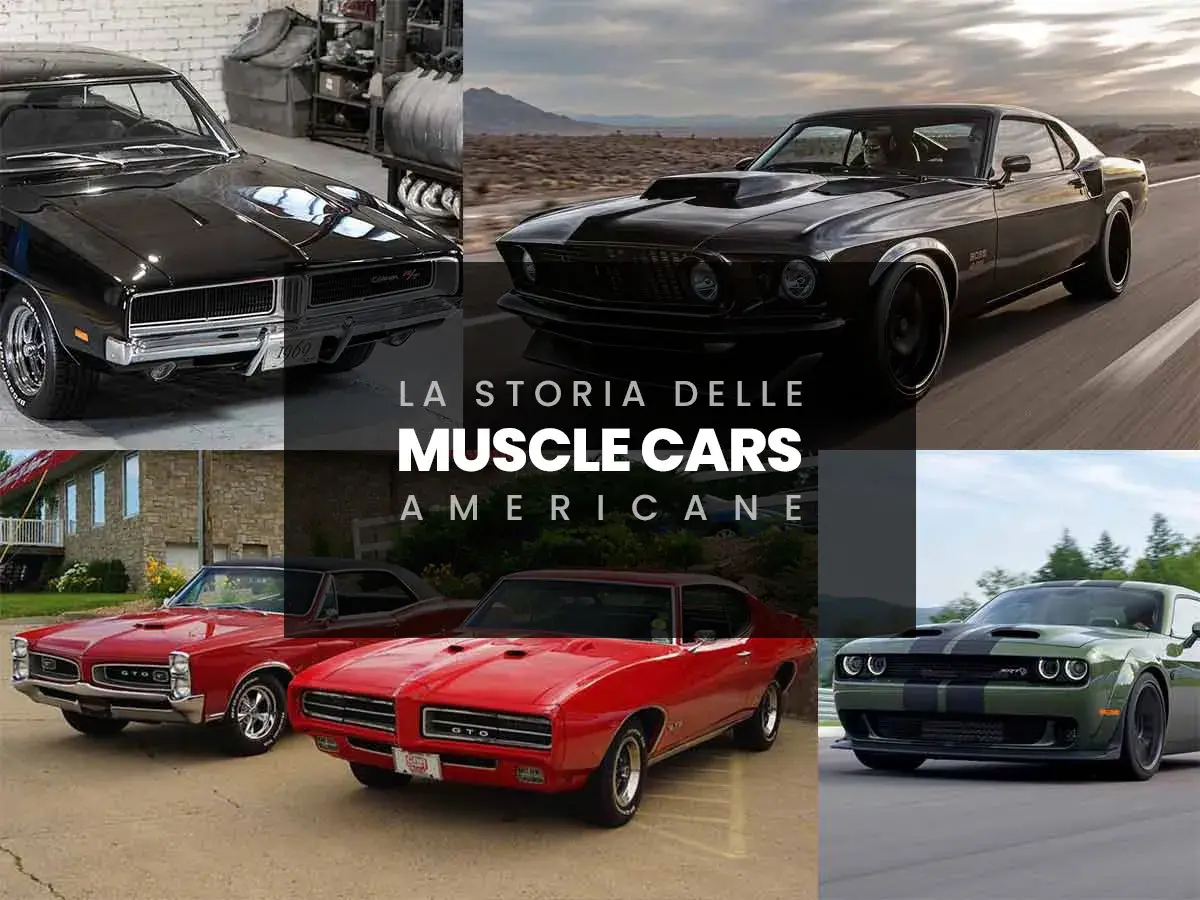 Iconiche auto americane anni 60: Charger, Mustang, GTO e Challenger, simboli di potenza e libertà su strada.