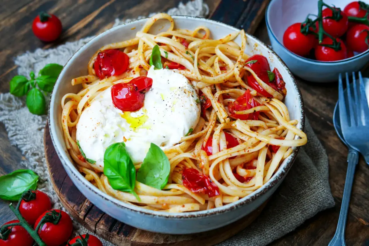 Spaghetti mit Burrata, Kirschtomaten und frischem Basilikum. Cremiger Käse schmilzt auf den Nudeln.
