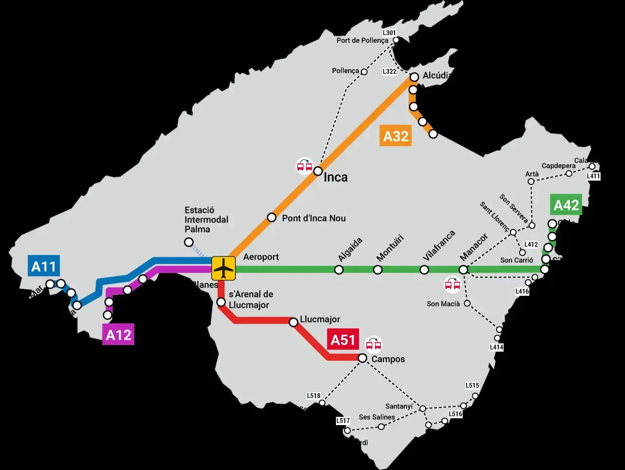 Mapa transportu na Majorce. Linie A11, A12, A32, A51, A42 łączą główne miasta i lotnisko.