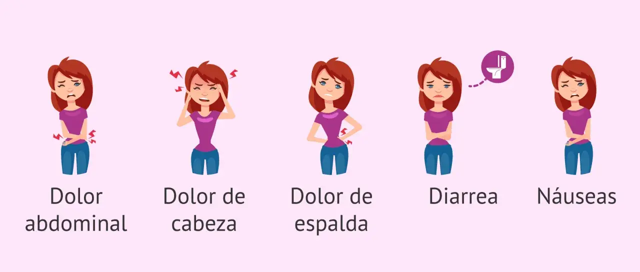 Mujer con dolor abdominal, de cabeza, de espalda, diarrea y náuseas, síntomas comunes del dolor regla.
