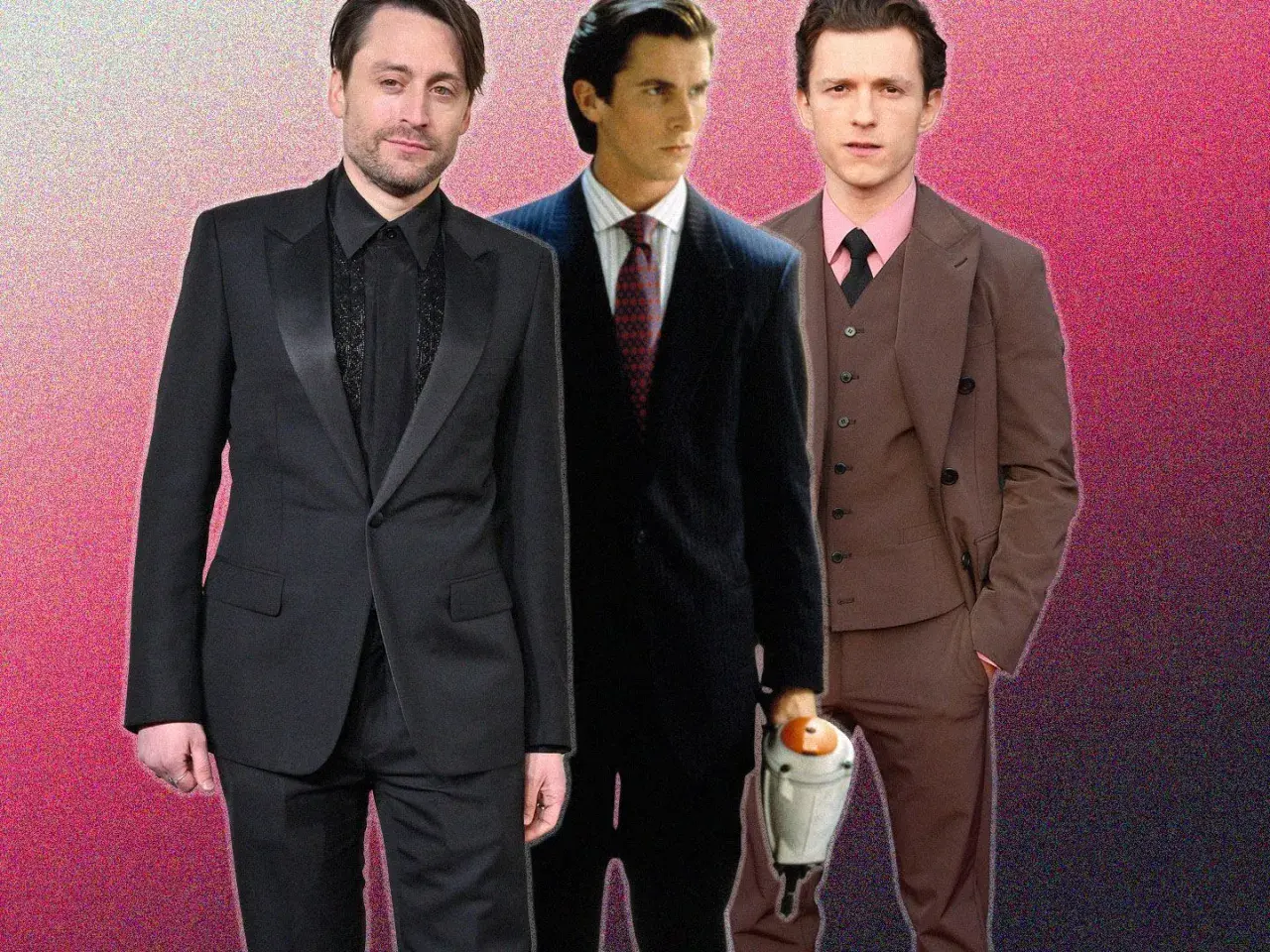 Kieran Culkin, Christian Bale et Tom Holland, une distribution qui évoque American Psycho, posent en costumes.