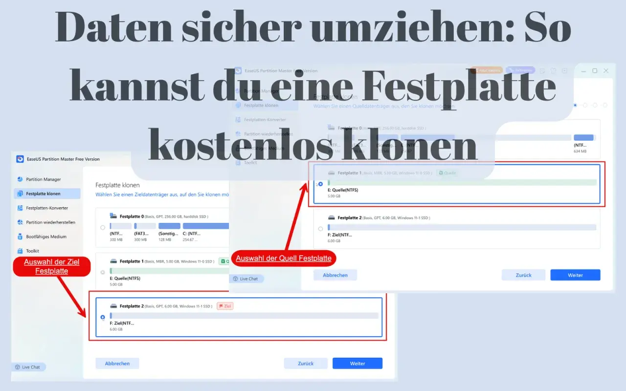EaseUS Partition Master zeigt, wie man eine Festplatte klonen kann. Hier wird die Quellfestplatte (E: Quelle(NTFS)) ausgewählt, um sie auf eine andere Festplatte zu übertragen.