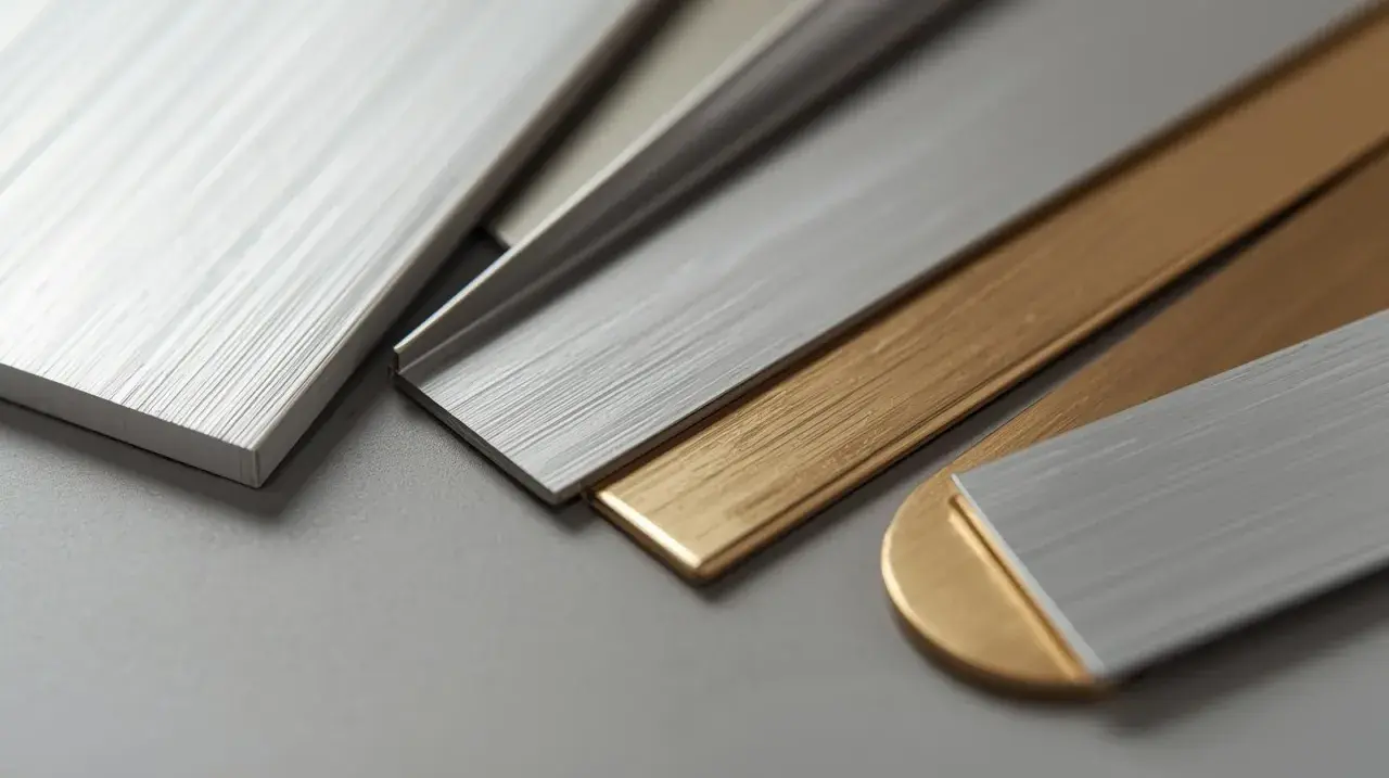 Różne odcienie i faktury metali, w tym złocisty duraluminium i srebrzyste aluminium, pokazują, jak odróżnić aluminium od duraluminium.