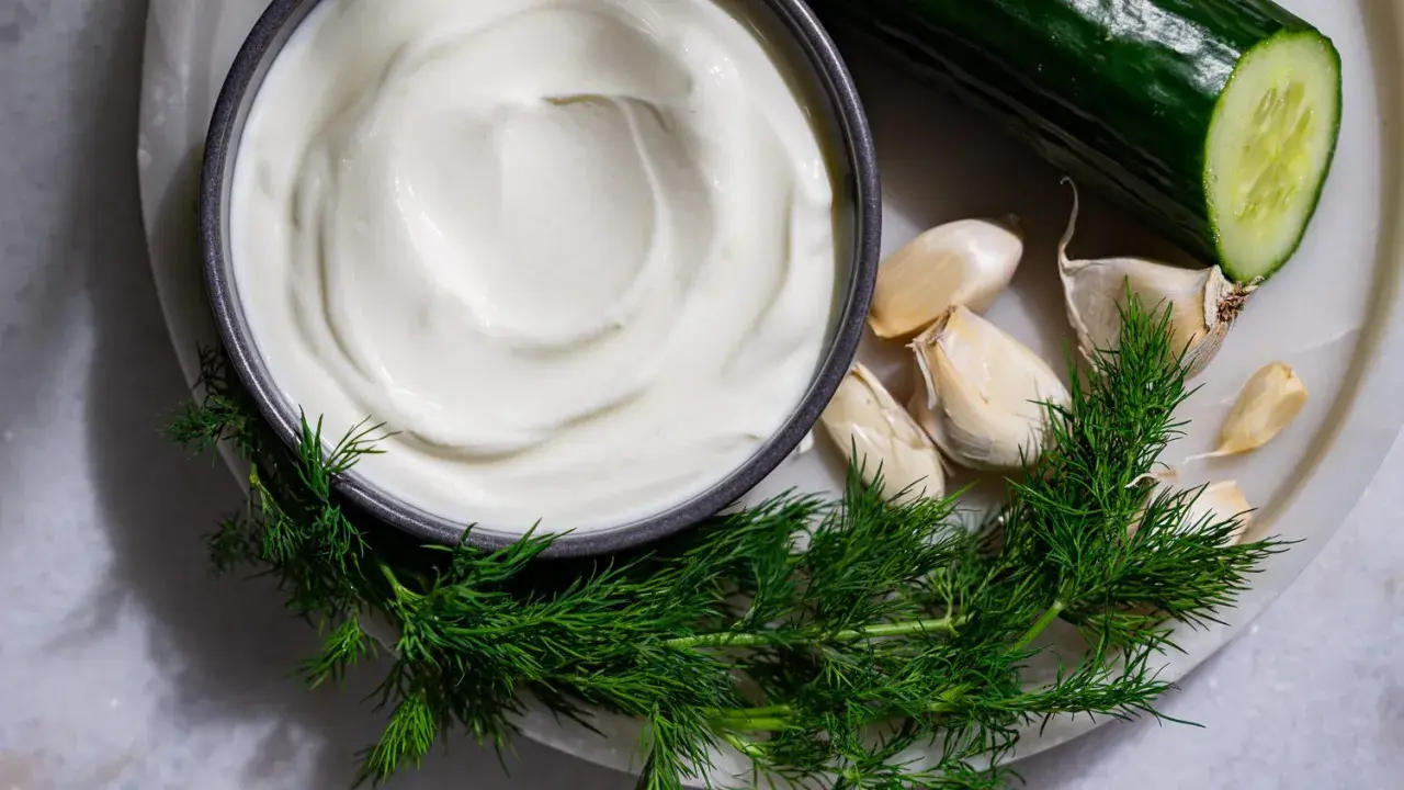 Crema blanca cremosa en un tazón, rodeada de eneldo fresco, ajos y un pepino cortado. Ingredientes para una deliciosa salsa tzatziki.
