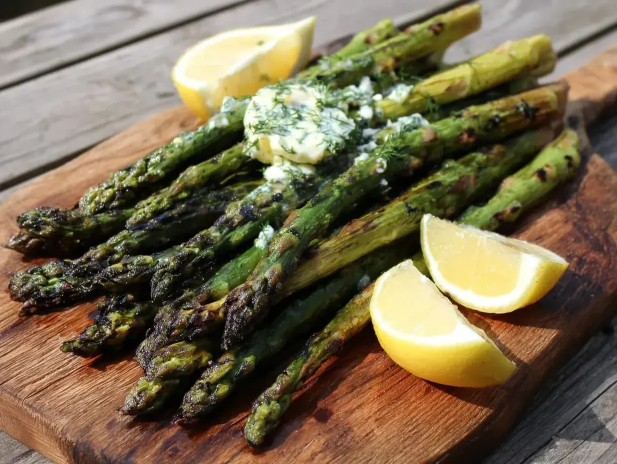Grilla sparris med smör och dill, serverad med citronklyftor på en träskärbräda. Perfekt sommarbuffé!