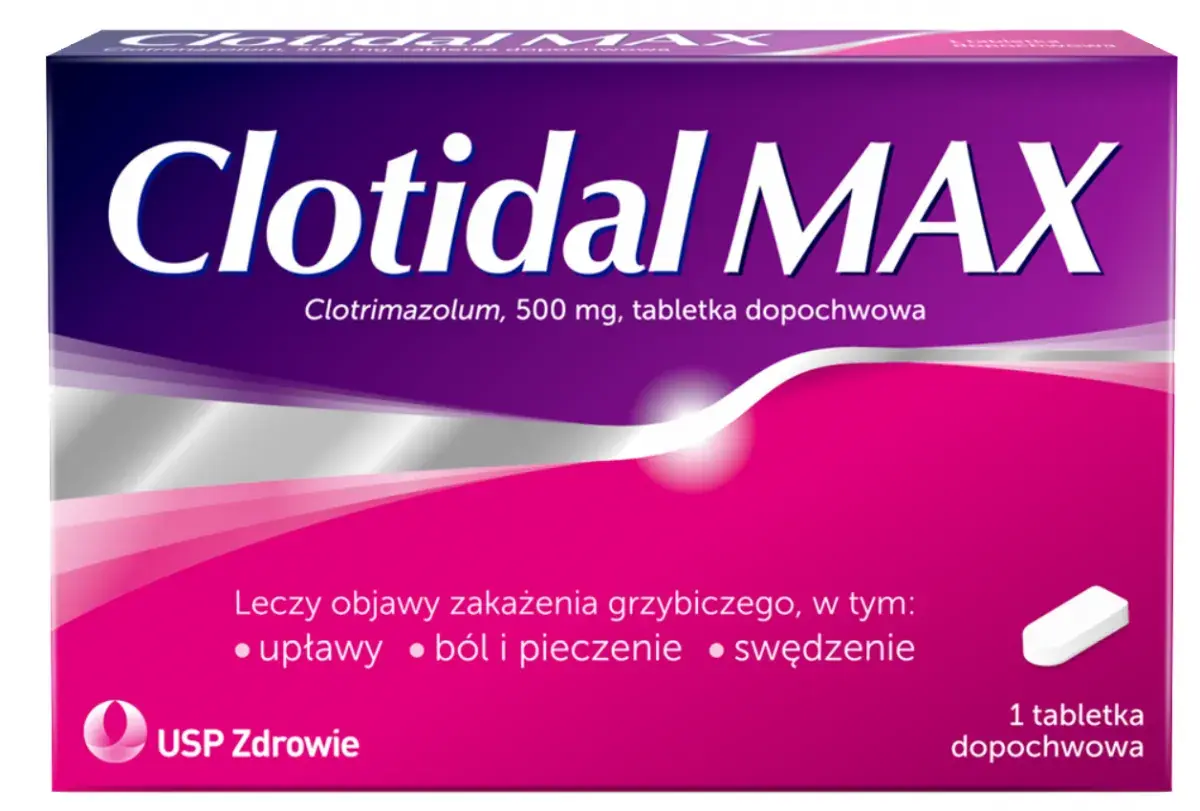 Opakowanie Clotidal MAX z jedną tabletka dopochwową, leczy objawy zakażenia grzybiczego: upławy, ból i pieczenie, swędzenie.
