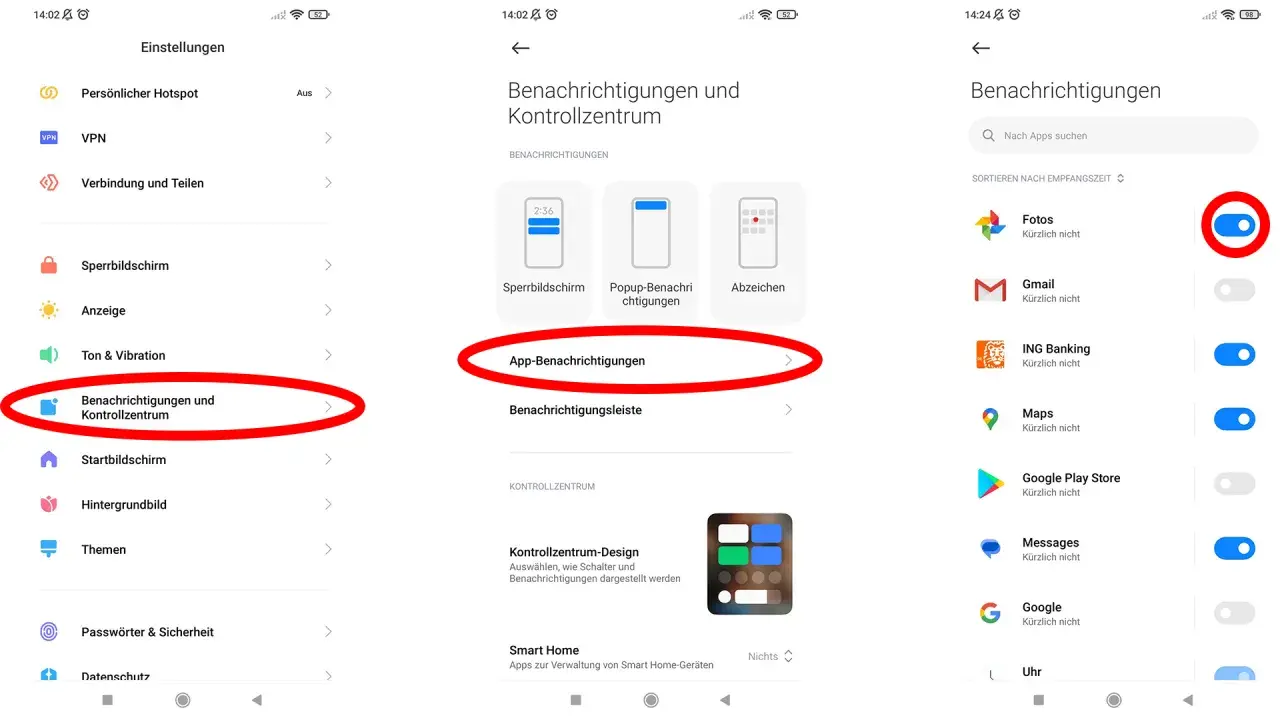 Einstellungen: Benachrichtigungen und Kontrollzentrum. Hier kann man App-Benachrichtigungen deaktivieren.