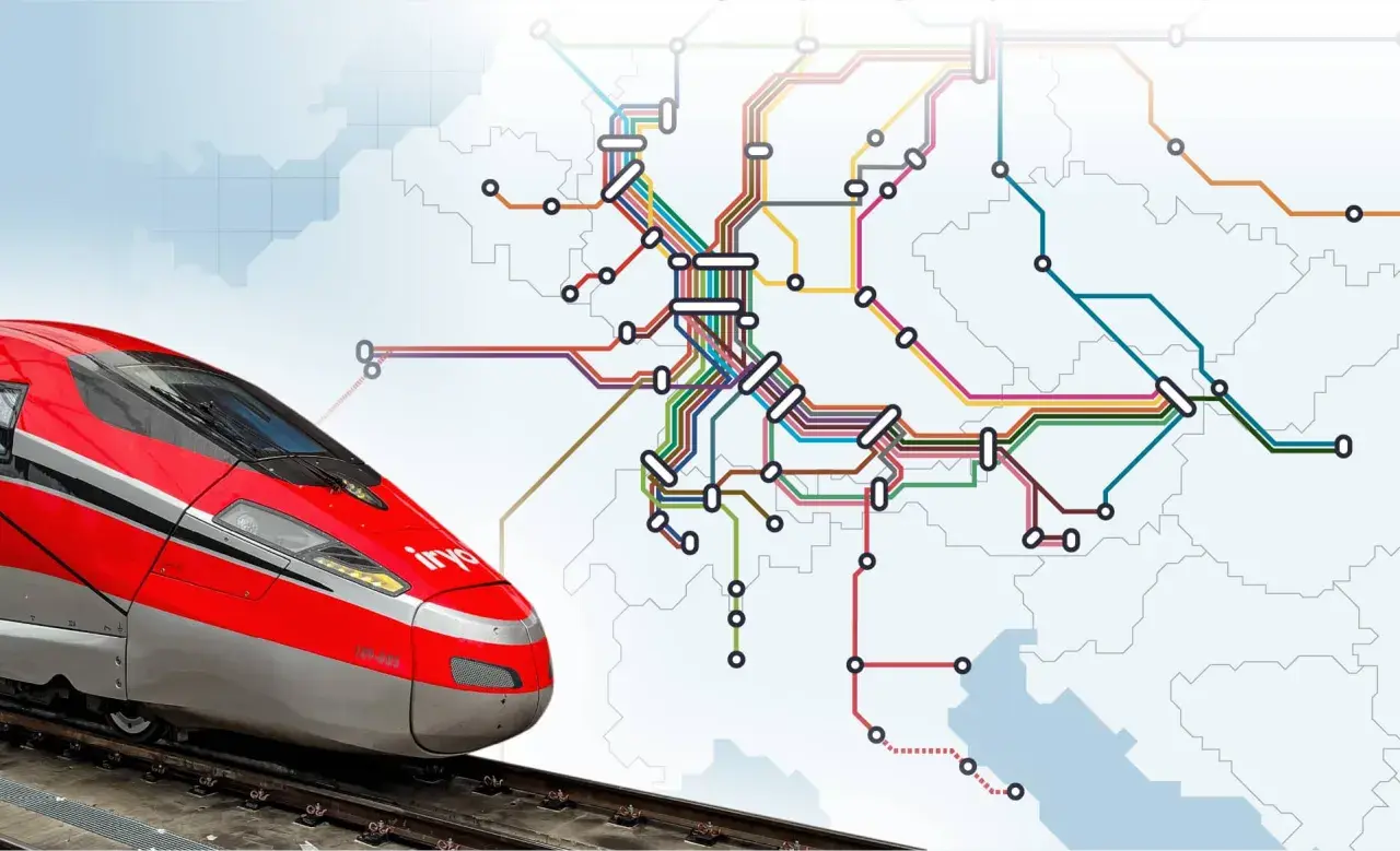 Roter Hochgeschwindigkeitszug auf Gleisen, der eine Reise von Deutschland nach Italien symbolisiert, mit einer stilisierten Karte und Zugrouten im Hintergrund.
