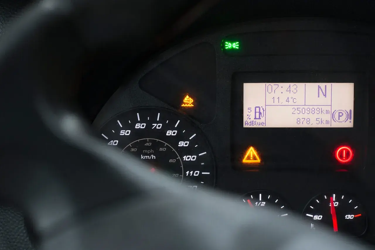 Na wyświetlaczu widać wskaźnik AdBlue, który pokazuje aktualny poziom płynu. Obok widoczny jest dystans 878,5 km, co pozwala oszacować zużycie AdBlue na 100km.