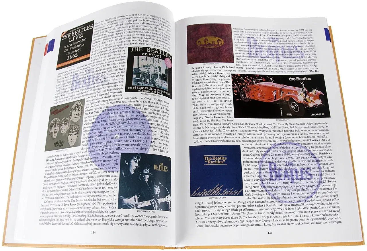 Brytyjski zespół rockowy The Beatles na okładkach płyt i w książce.