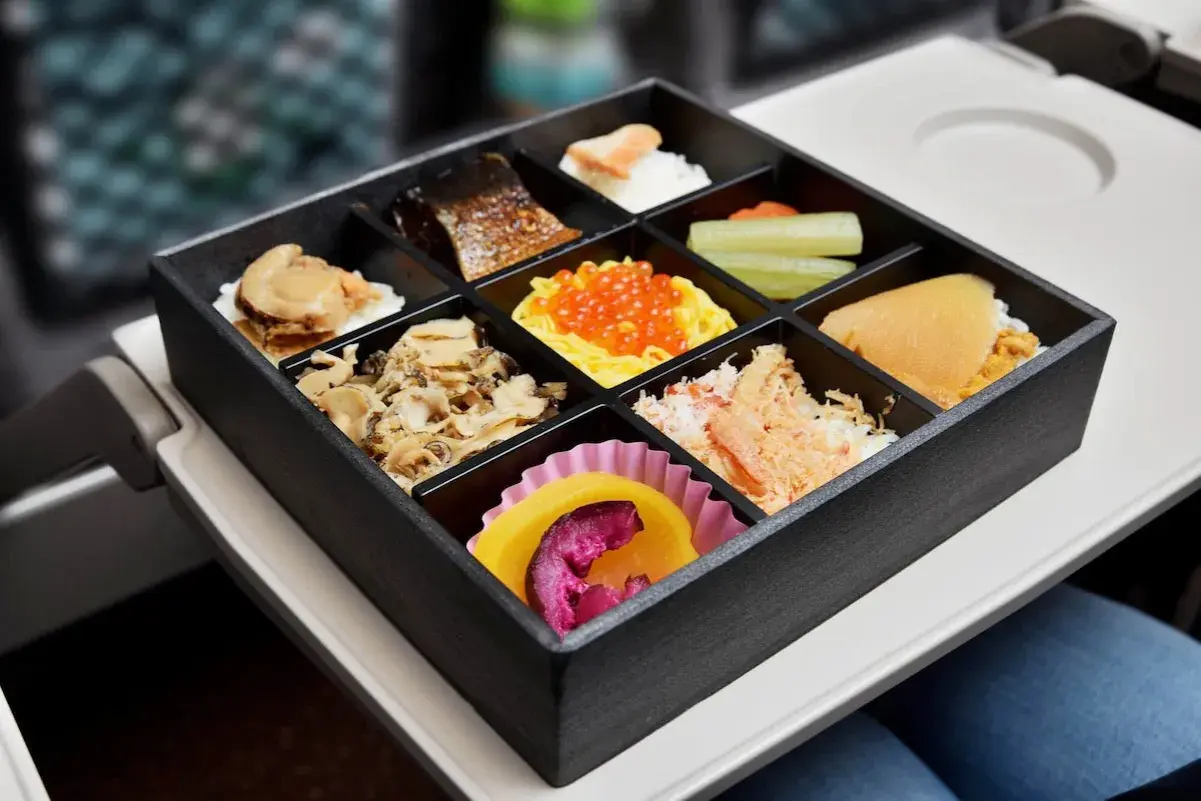 A delicious train bento box filled with various Japanese delicacies, including grilled fish, seafood, and colorful roe, ready for a journey.