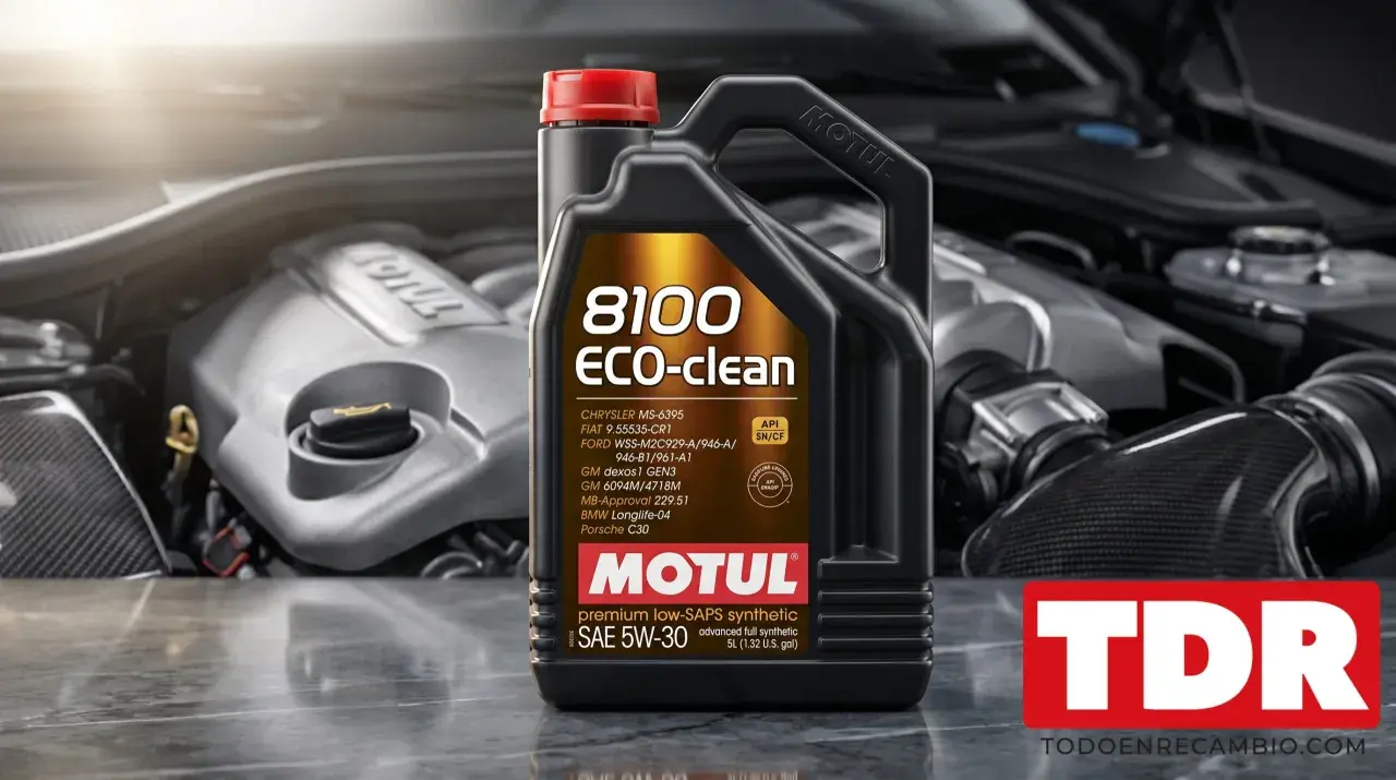 Botella de aceite Motul 8100 ECO-clean SAE 5W-30 junto a un motor. Se puede mezclar aceite 0w30 y 5w30.
