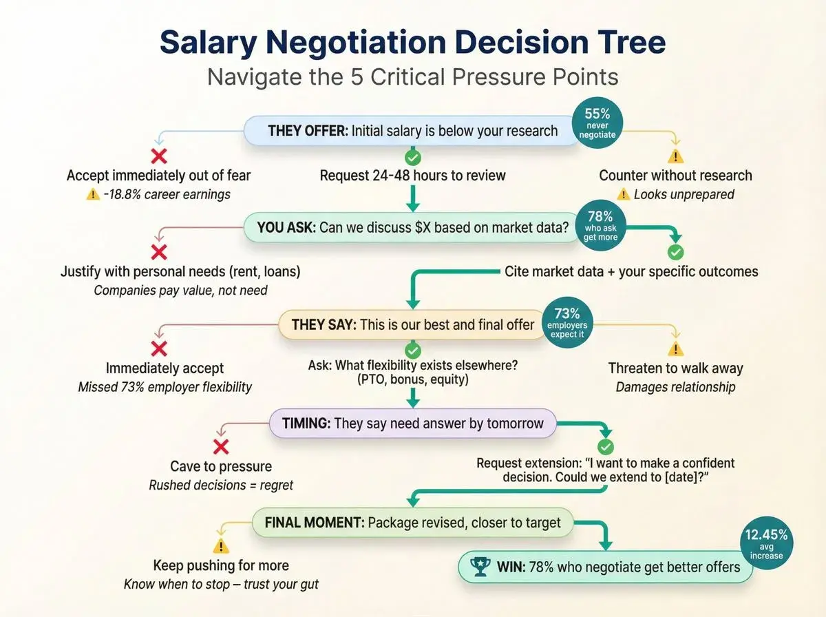 Decision tree on how to counter a job offer, guiding through pressure points like initial salary, "best and final" offers, and timing.
