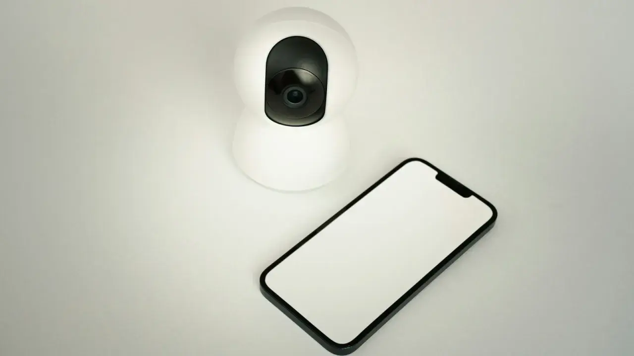 Cámara de seguridad blanca junto a un móvil con pantalla en blanco. Ideal para usar móvil viejo como cámara de seguridad.