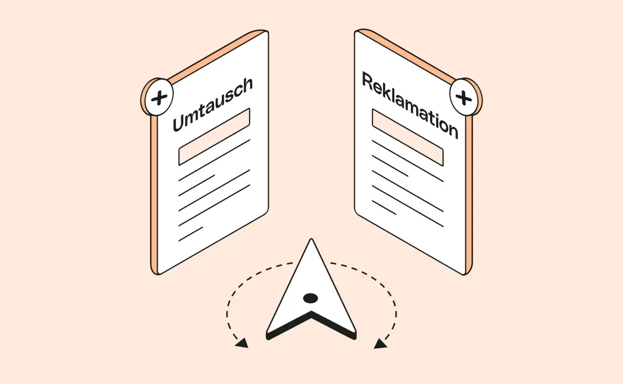 Zwei Karten mit "Umtausch" und "Reklamation" sowie ein Navigationspfeil symbolisieren das Umtauschrecht im Einzelhandel.