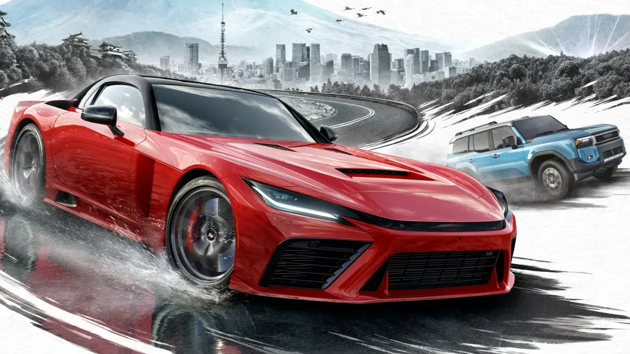 Roter Sportwagen und blauer SUV rasen durch eine Stadtkulisse mit Bergen im Hintergrund. Das ist die Welt von Forza Horizon 6!