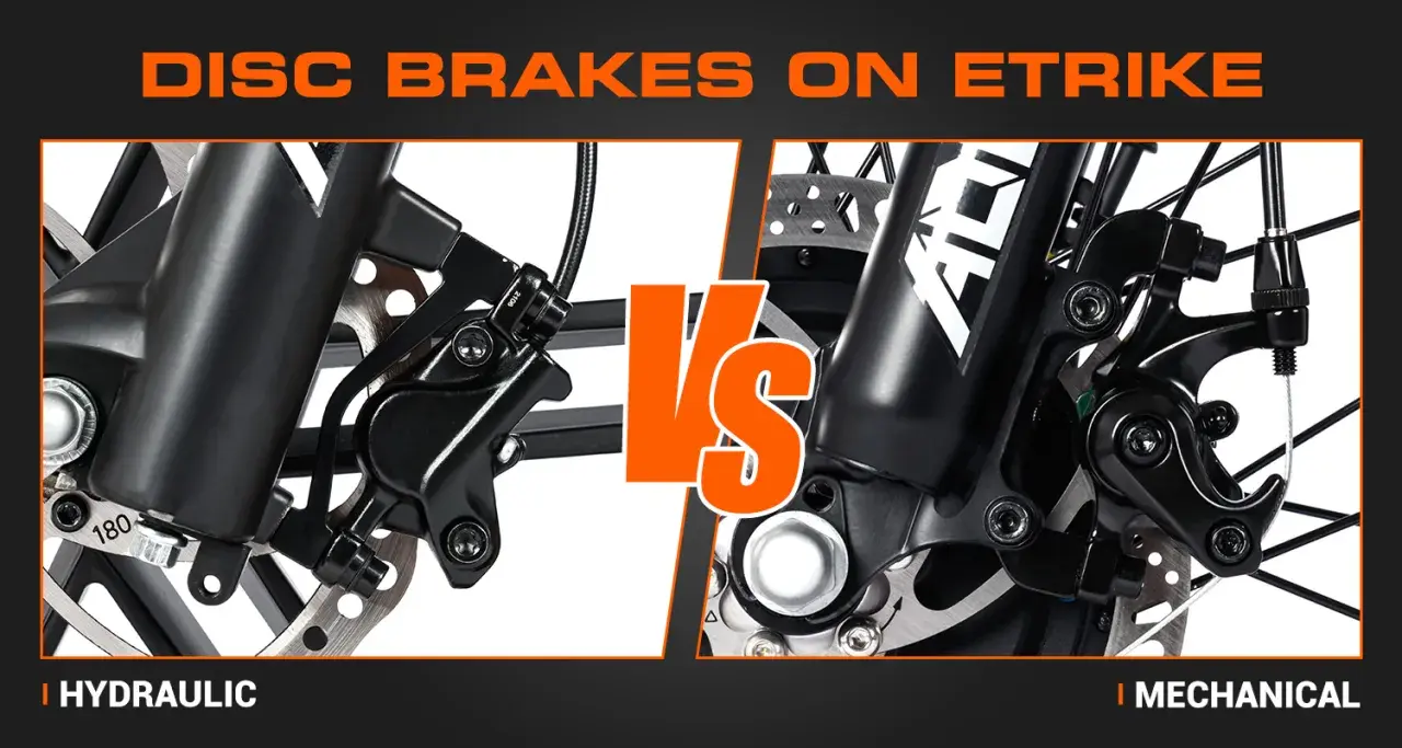 Close-up comparison of hydraulic brakes vs disc brakes on an e-trike, highlighting their distinct mechanisms for powerful stopping.