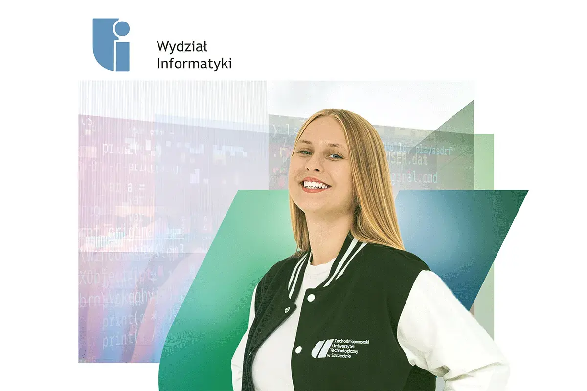 Uśmiechnięta studentka Wydziału Informatyki, kierunkowy 91 Polska, na tle kodu.