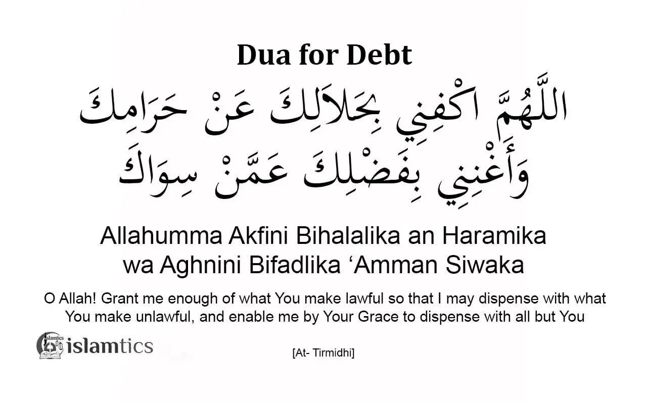 En bild med texten "Dua for Debt" och en islamisk bön på arabiska, engelska och svenska. Bönen, en dua islam, handlar om att bli fri från skulder.