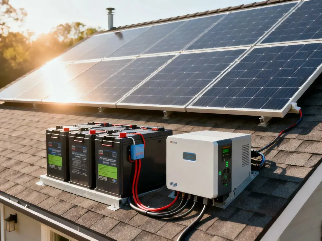 Instalacja off-grid z akumulatorem na dachu. Panele słoneczne, baterie i falownik zapewniają niezależność energetyczną.