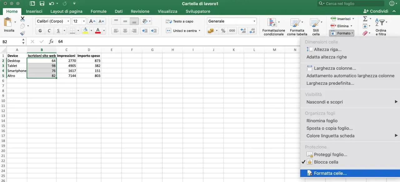 Menu di Excel mostra opzioni per bloccare celle, formattare e proteggere fogli di lavoro.