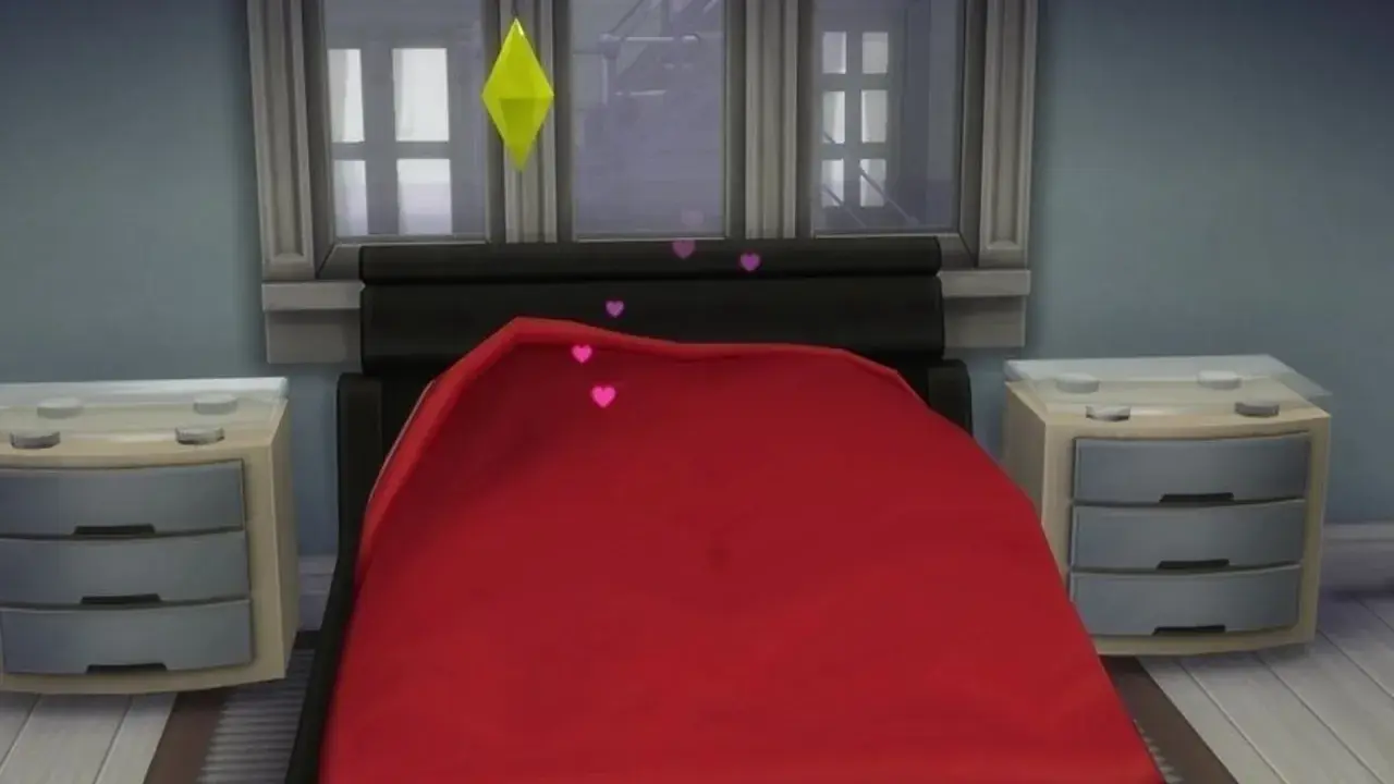Łóżko w Sims 4 z różowymi serduszkami unoszącymi się nad czerwoną kołdrą, sugerujące romantyczne chwile dzięki modowi sims 4 woohoo mod.