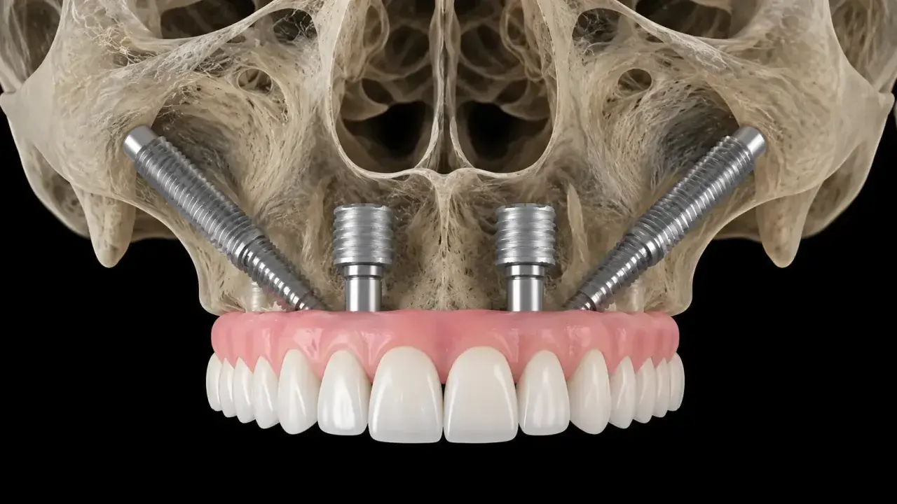 Immagine 3D di impianti zigomatici inseriti nell'osso mascellare, con una protesi dentale fissa.
