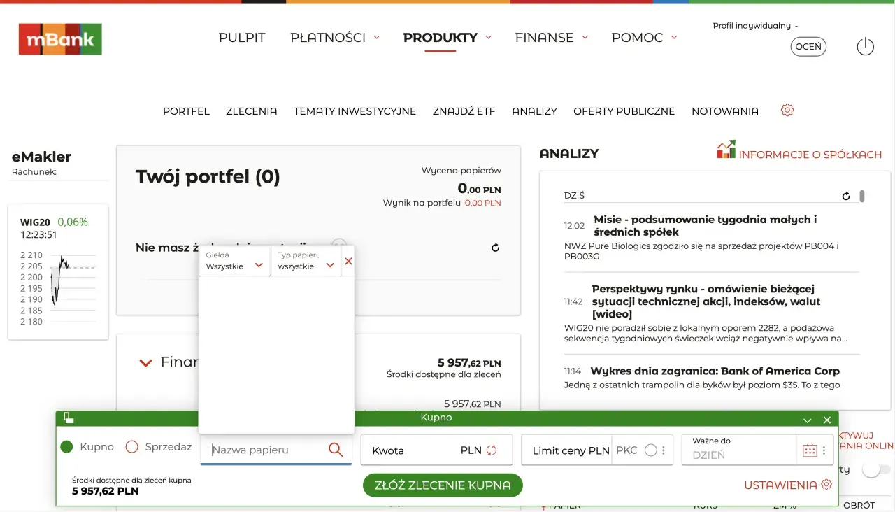 Na ekranie mBank widać panel "Twój portfel (0)", gdzie można kupić lub sprzedać akcje, w tym mbank etf.