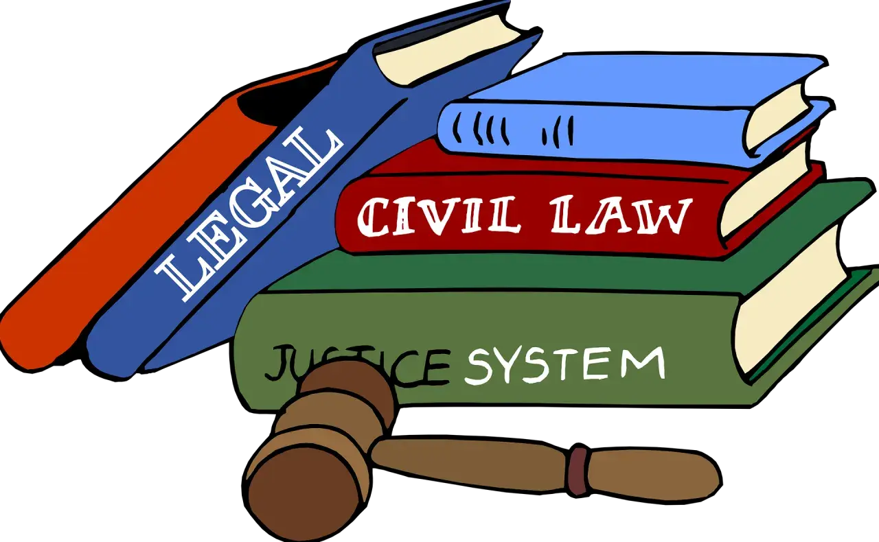 Libri di legge, martelletto da giudice e la scritta "Civil Law" per la disdetta contratto di locazione commerciale.