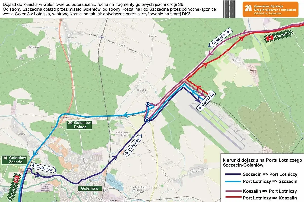 Mapa pokazuje dojazd do lotniska w Goleniowie. Kolorowe linie wskazują trasy ze Szczecina i Koszalina.