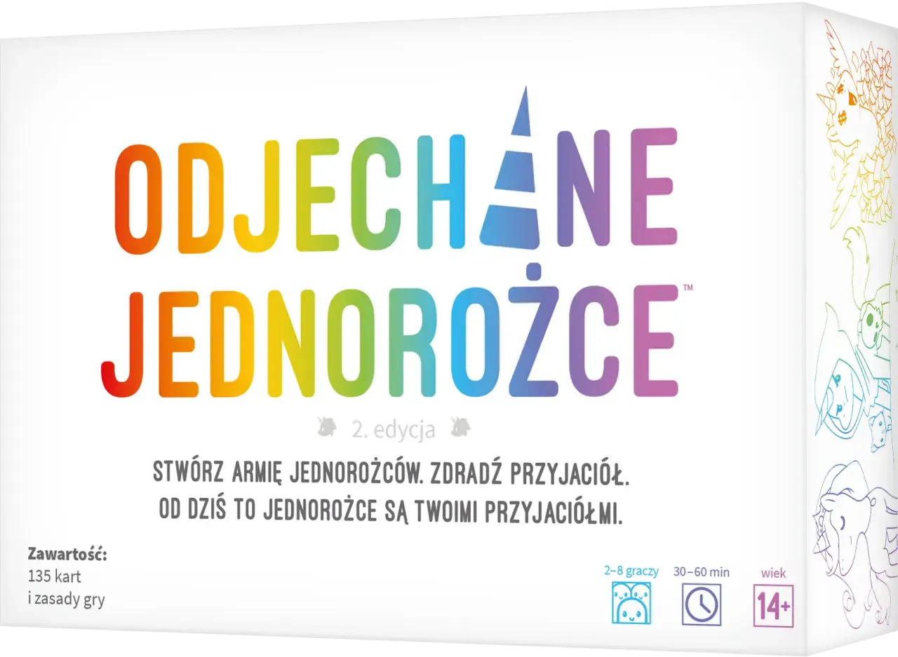Odjechane jednorożce instrukcja gry. Kolorowe pudełko z napisem "Odjechane Jednorożce 2. edycja", informacją o zawartości i zasadach gry.