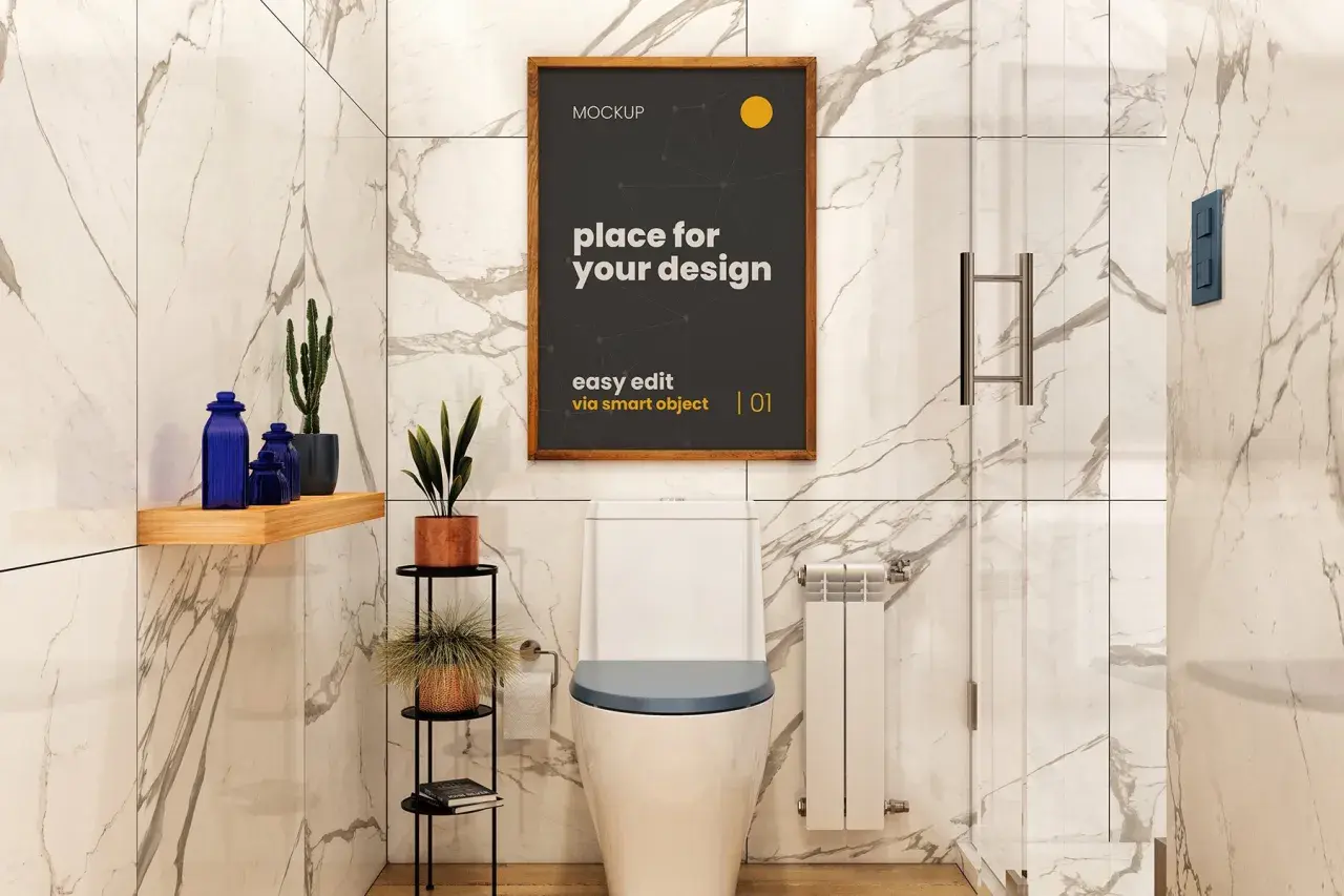 Nowoczesny plakat do łazienki do druku, z motywem geometrycznym i napisem "place for your design". Idealny do personalizacji wnętrza.