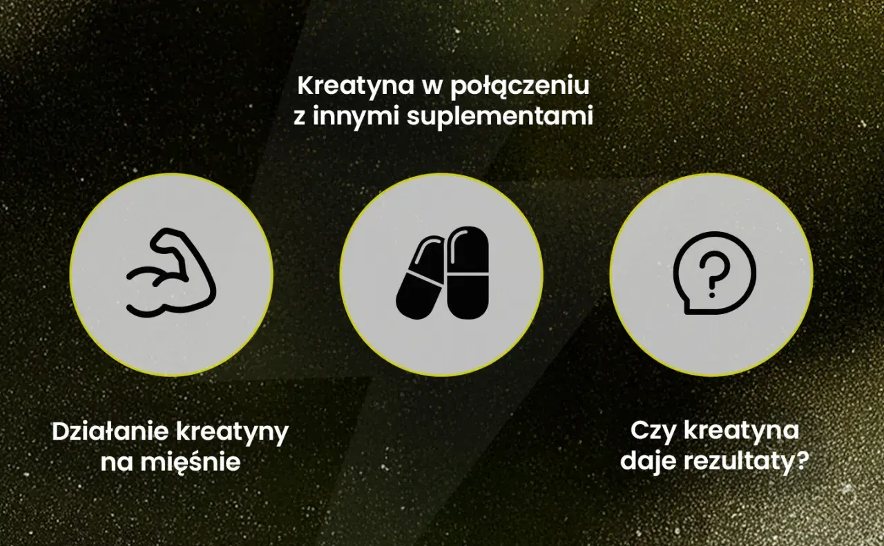 Kreatyna co daje? Grafika pokazuje działanie kreatyny na mięśnie, suplementy i zadaje pytanie o jej rezultaty.