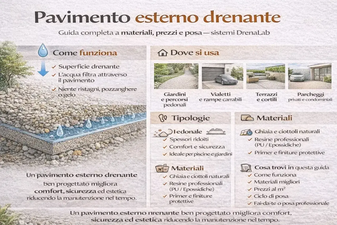 Pavimento esterno drenante: l'acqua filtra attraverso, niente ristagni. Ideale per giardini, vialetti e parcheggi. Un asfalto permeabile che migliora comfort e sicurezza.