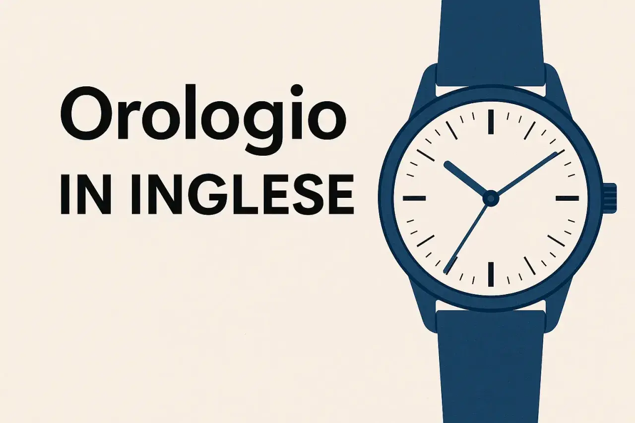 Orologio da polso blu con quadrante bianco, testo "Orologio IN INGLESE". Impara il fuso orario in inglese.