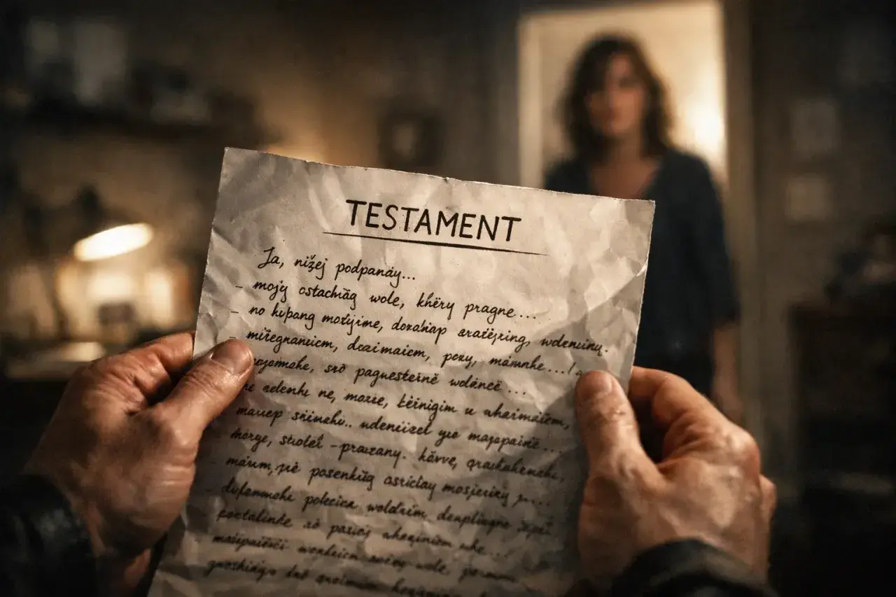Ręce trzymają dokument "TESTAMENT", zapowiadający zapewnienie spadkowe. W tle niewyraźna postać kobiety.